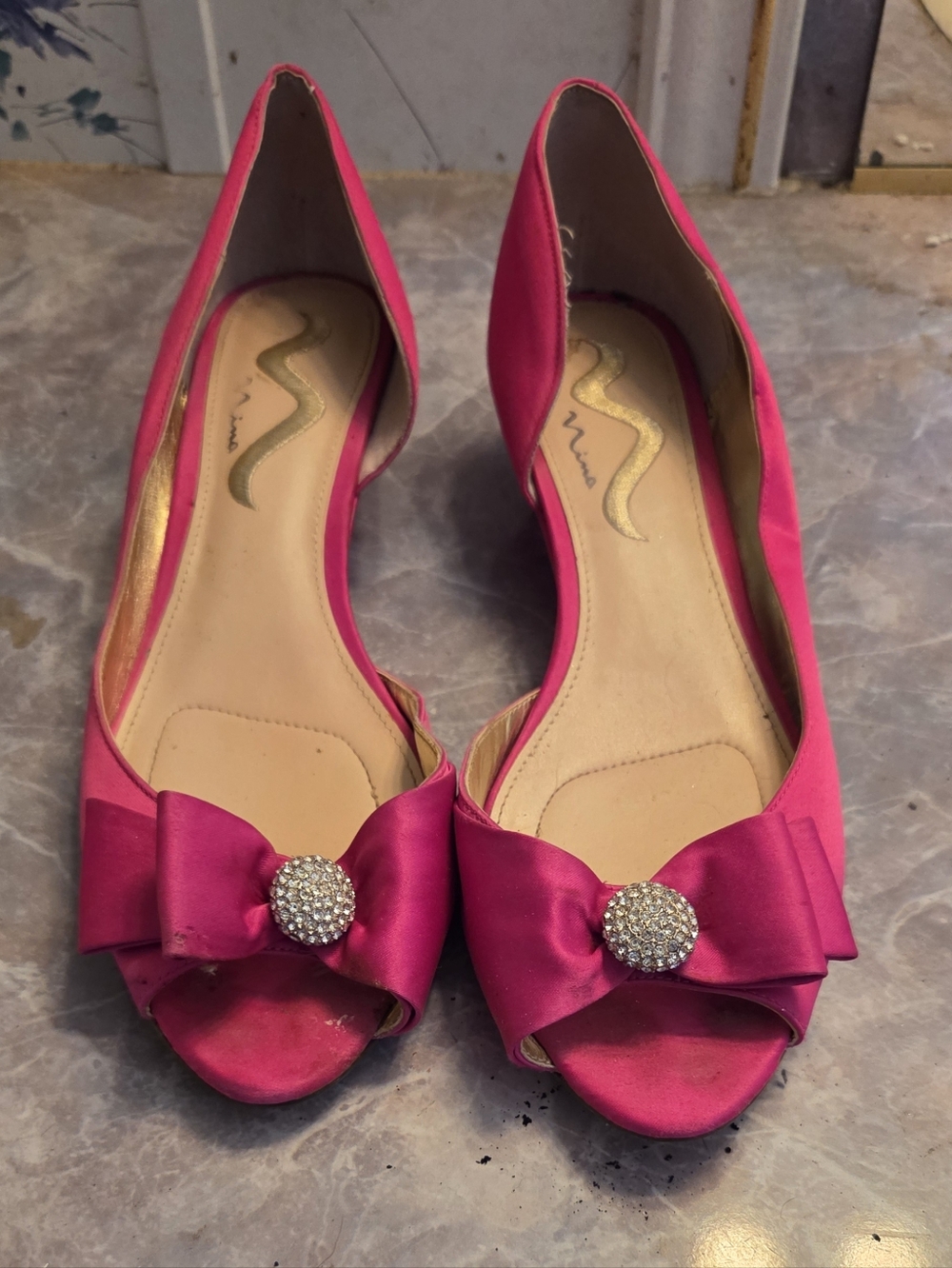 Nina Pink Satin Bow Peep-Toe Flats with Rhinestone Accent